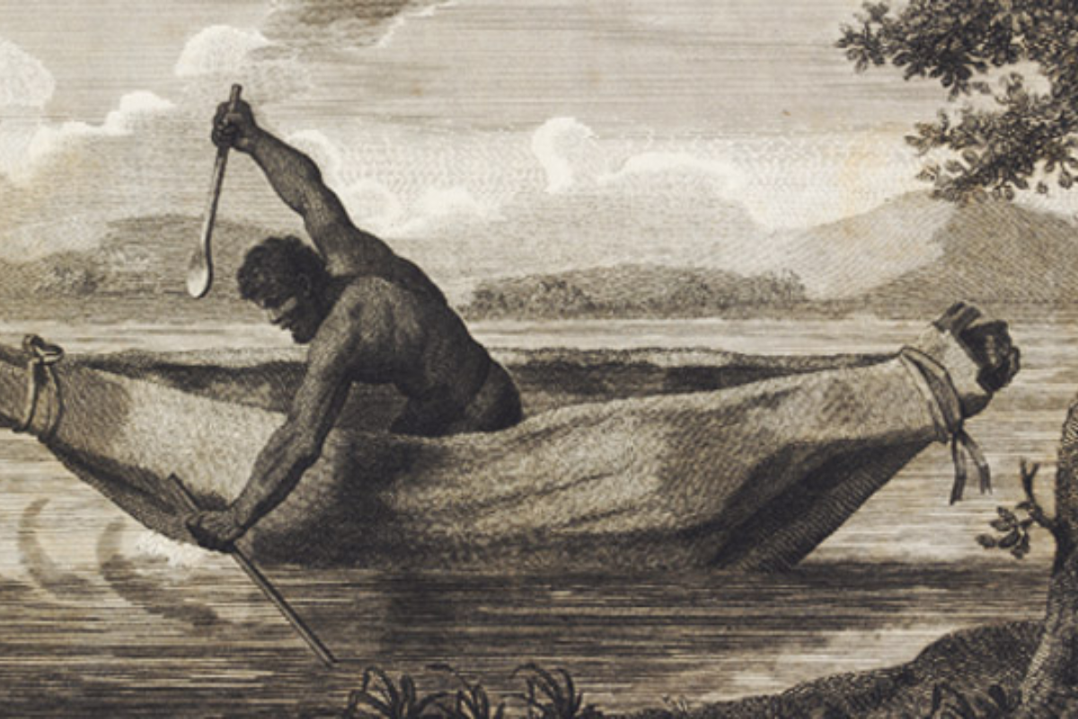 A historical sepia engraving depicting an Aboriginal man fishing from a bark canoe on a waterway, with hills and clouds in the background.